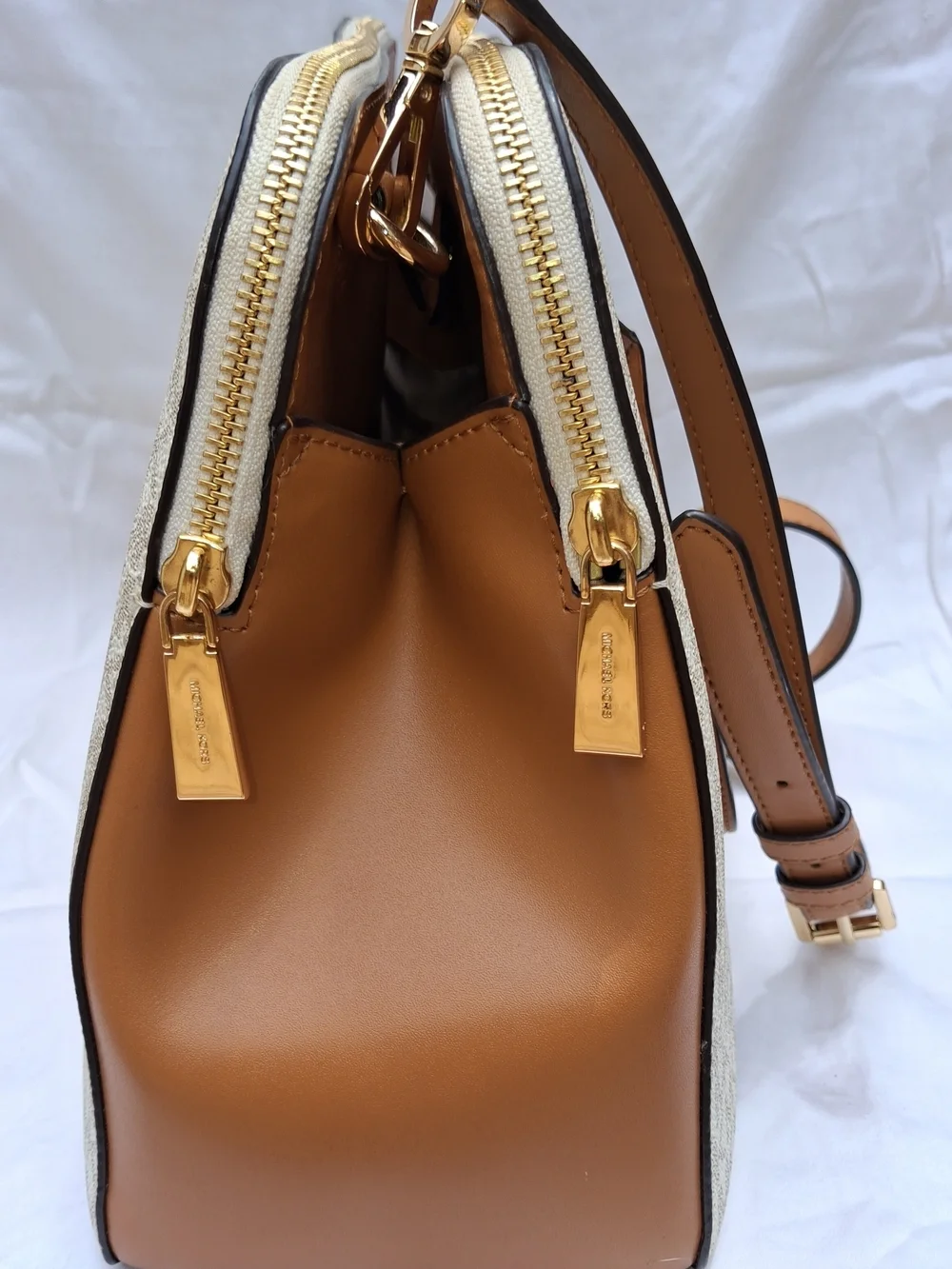 Michael Kors Beige Signature MK Satchel with Acorn Trim